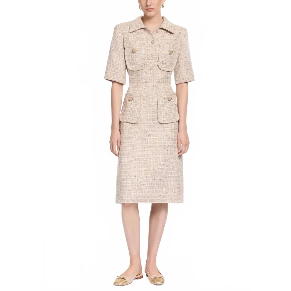 NEW ELIE SAAB sequin thread tweed midi dress in brown su